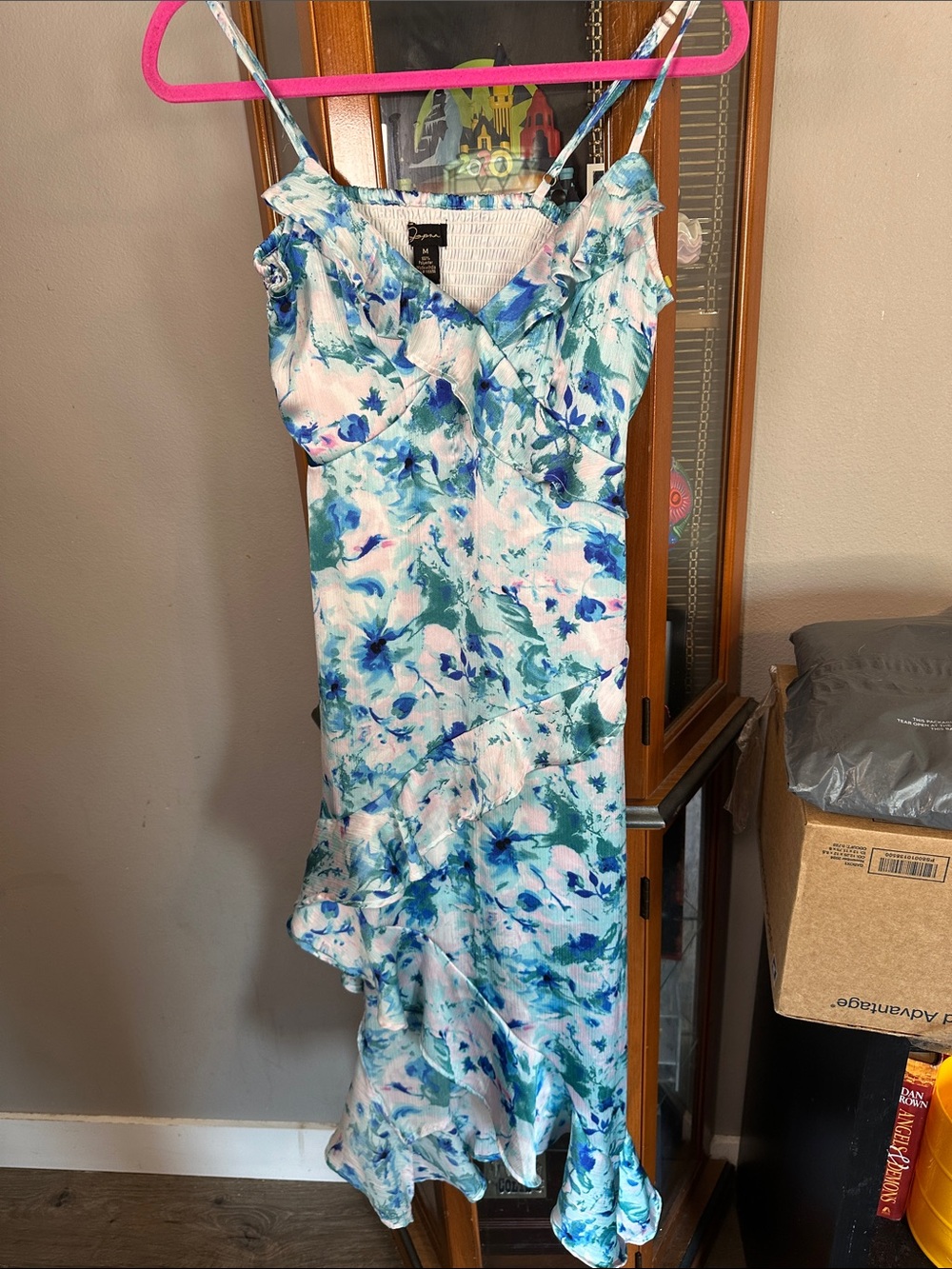 Floral Ruffle Midi Slip Dress in Blue and White